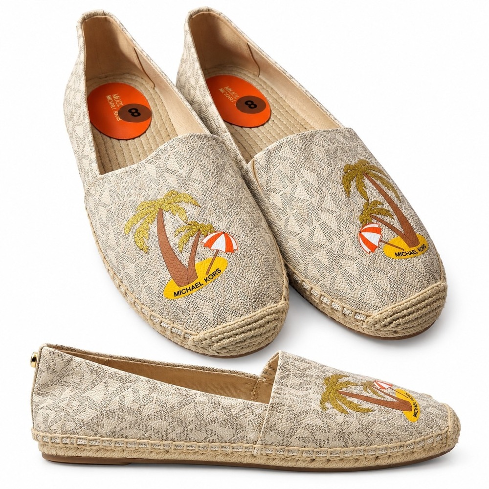 MICHAEL KORS "Kendrick" Slip-On Espadrille Sz 8 Signature Monogram AOP Palm Tree - Picture 1 of 10